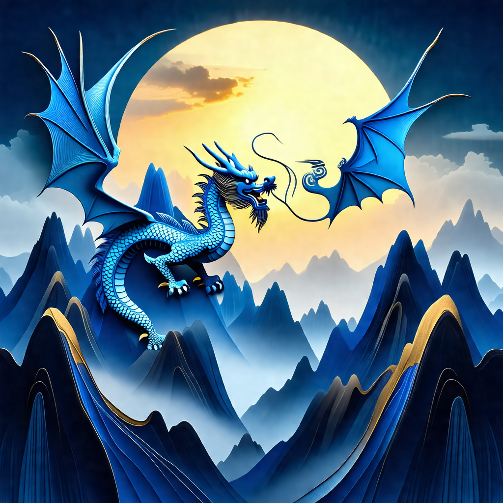 Dragon with a long tail, flying through the sky