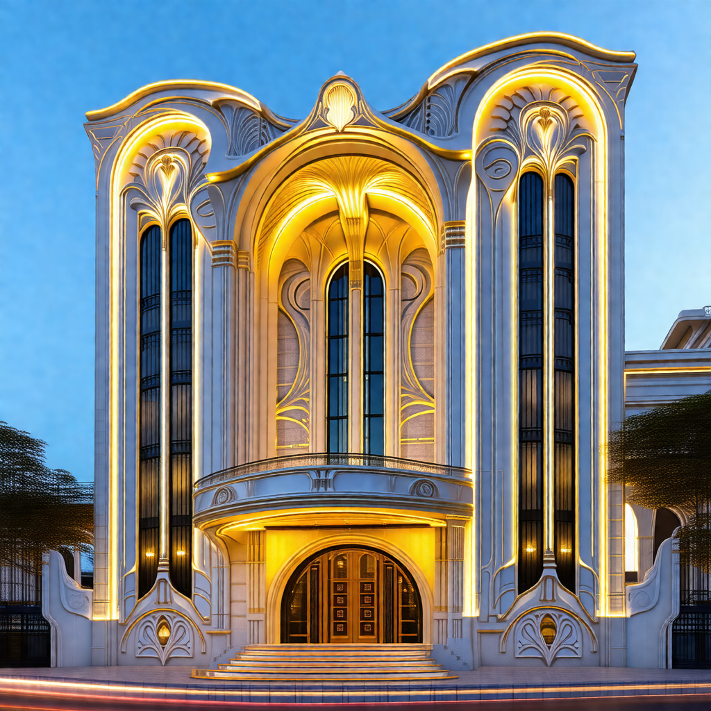 Large, ornate building with a gold and white color scheme