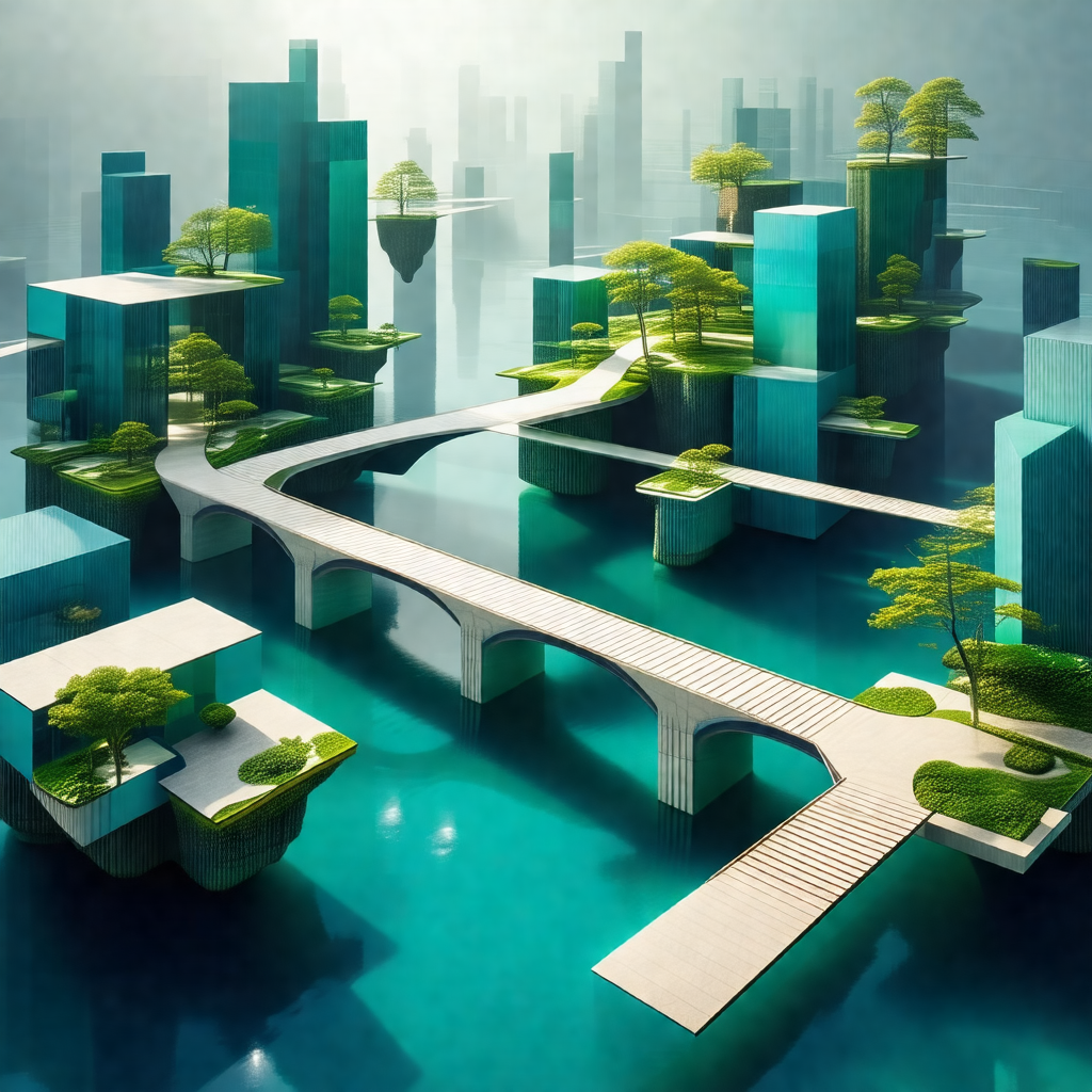 3d rendering of a city with a bridge and a river