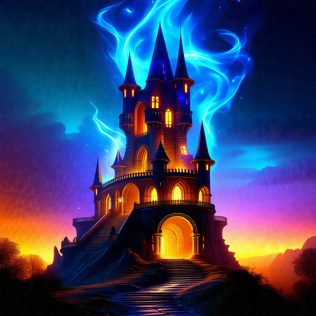 Large, ornate castle with a blue and orange color scheme