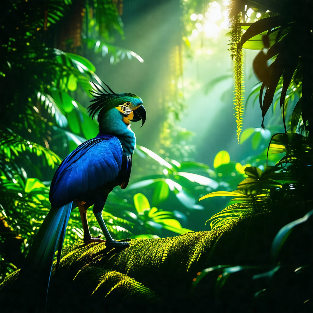 Blue parrot perched on a tree branch in a lush green forest