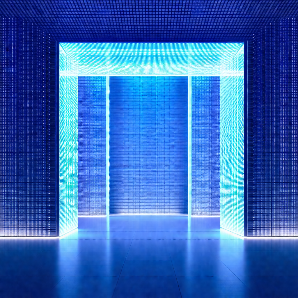 Large, open doorway with a blue light illuminating the space