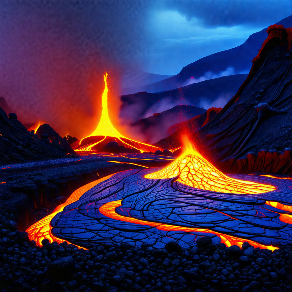 Painting of a volcano with a river of lava flowing out of it