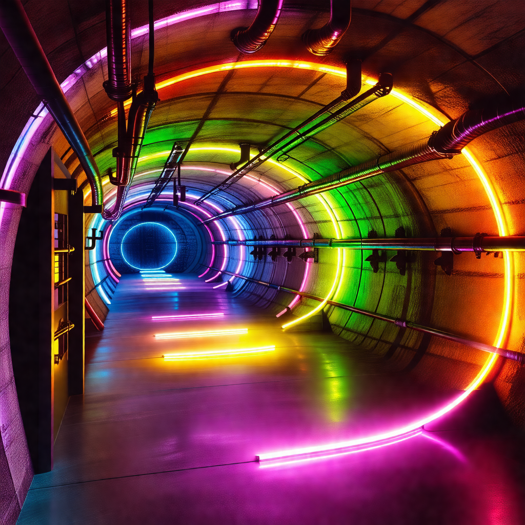 Long, narrow tunnel with a rainbow-colored light illumina...