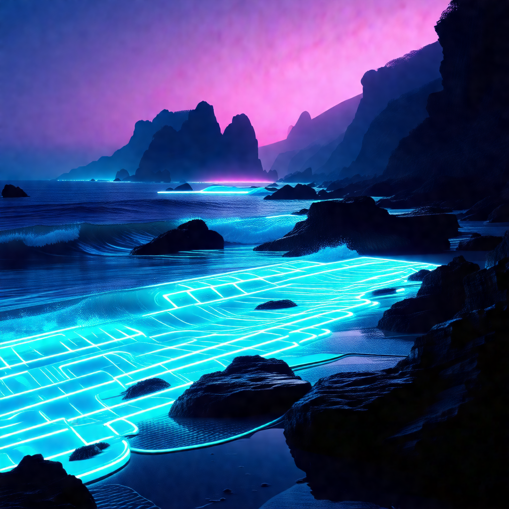Beautiful beach scene with a blue ocean and a purple sky