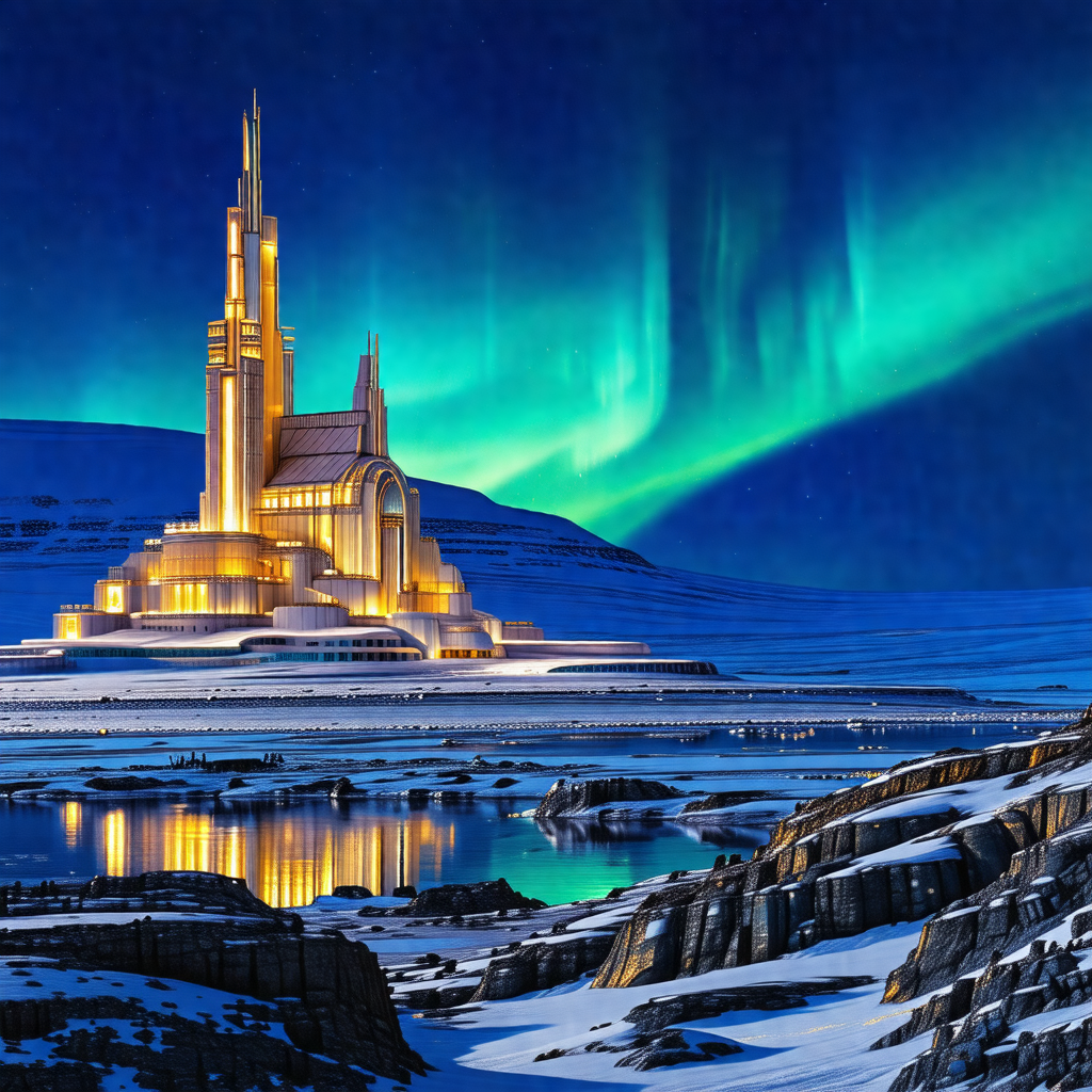 Large, white, and gold building with a tall tower, situat...