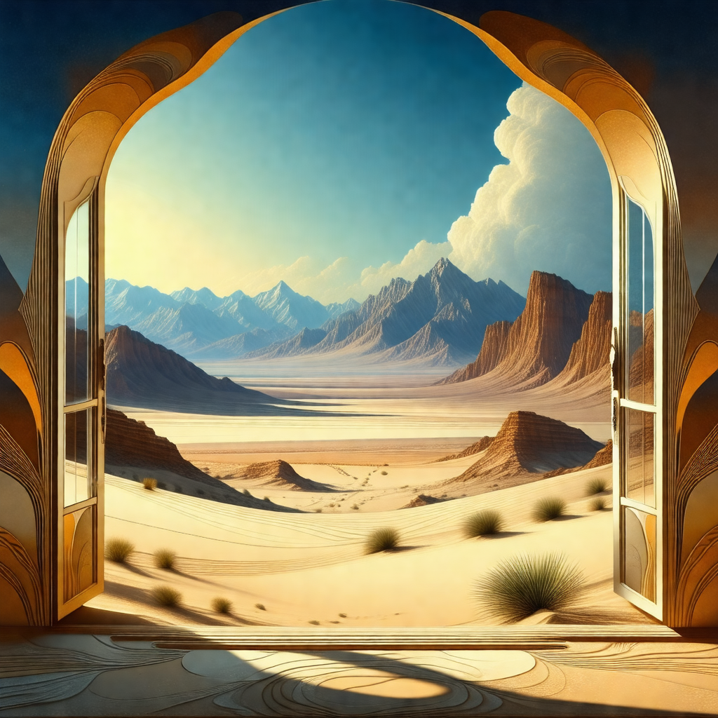 Painting of a desert landscape with mountains in the back...
