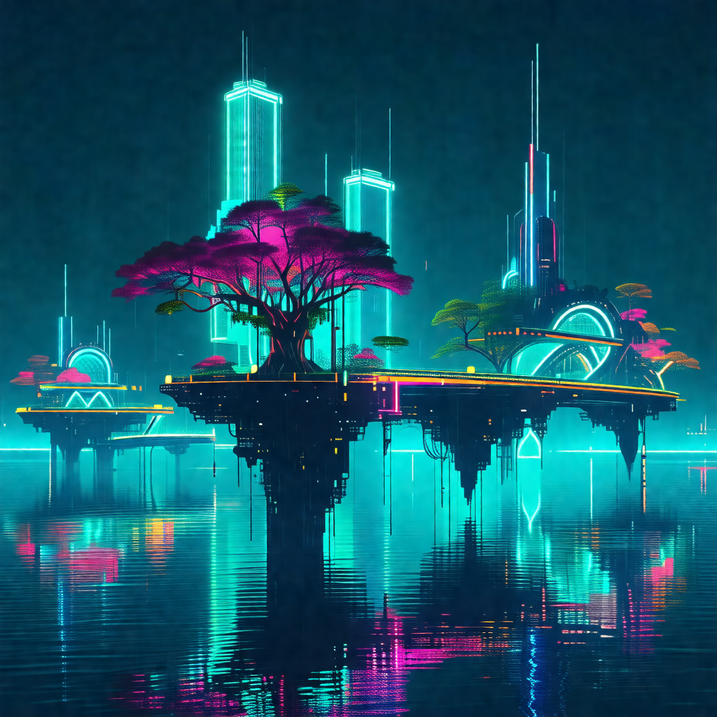 Futuristic cityscape with a large, colorful tree in the c...