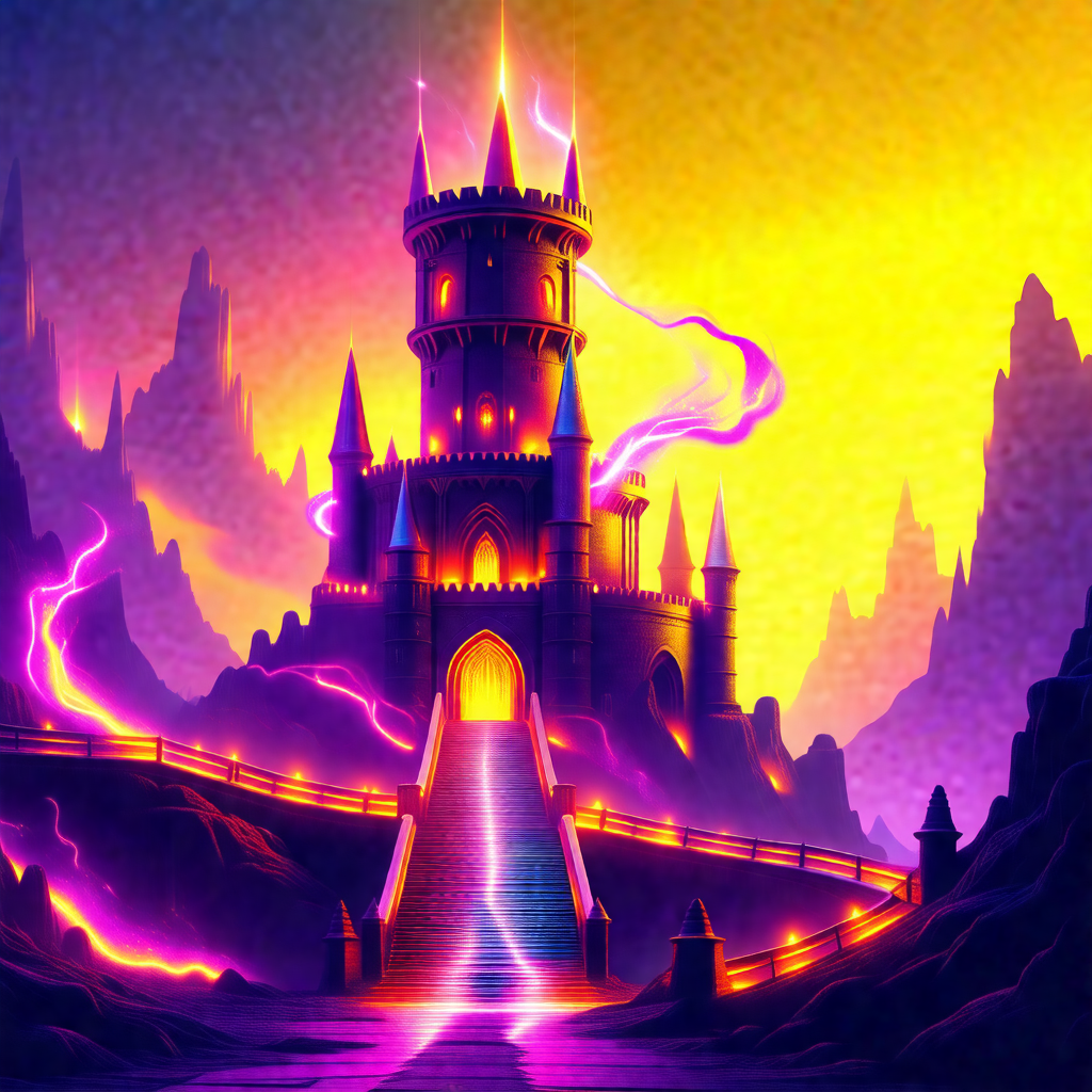 Colorful, fantasy-style illustration of a castle with a p...