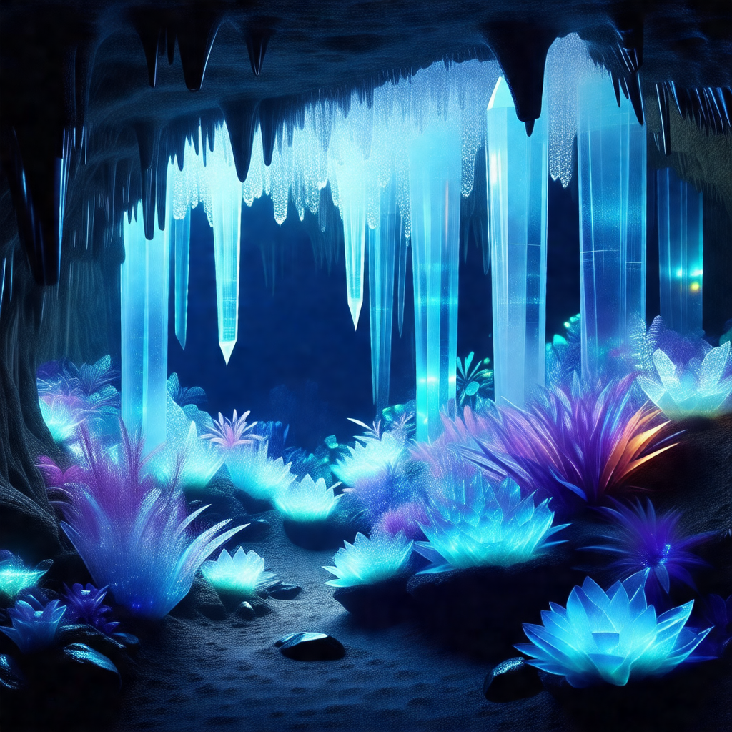 3d digital artwork of a cave with a blue light illuminati...