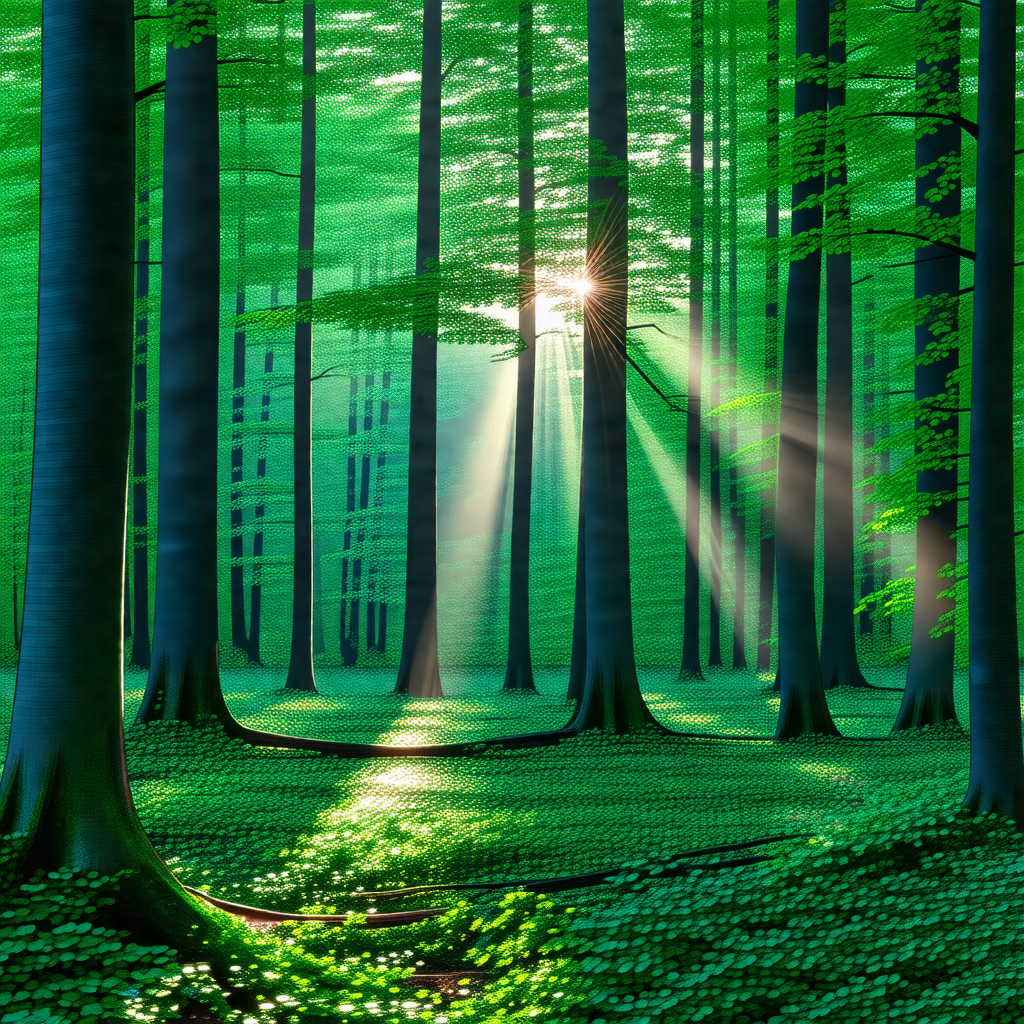 Lush green forest filled with trees and sunlight