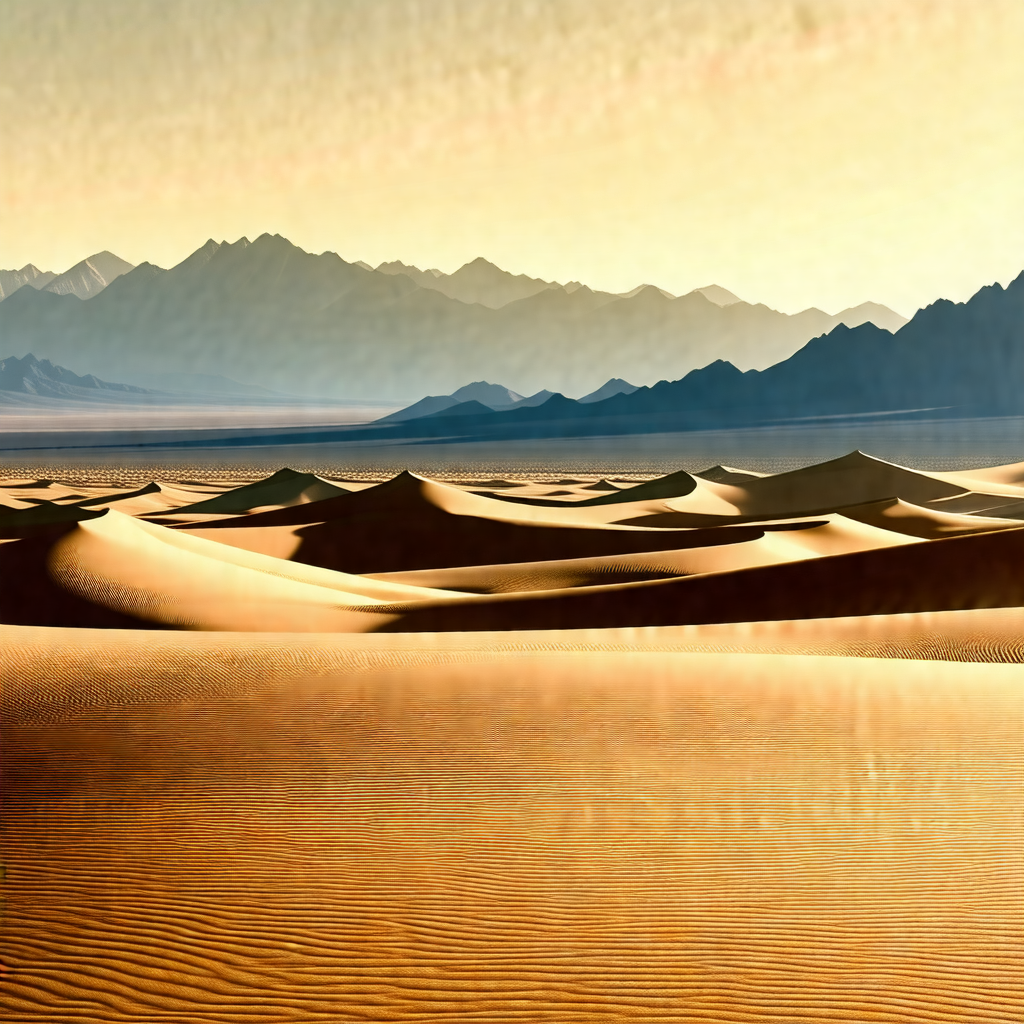 Vast desert landscape with a mountain range in the backgr...