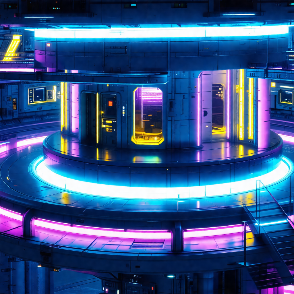 Large, circular building with a purple and blue glow