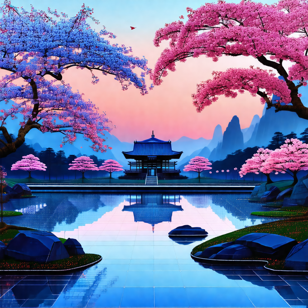 Painting of a serene scene featuring a pond with a small ...