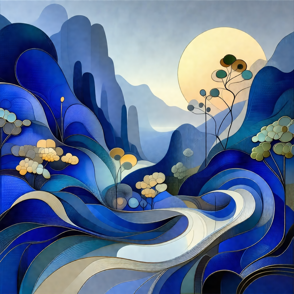 Beautiful painting of a mountainous landscape with a rive...
