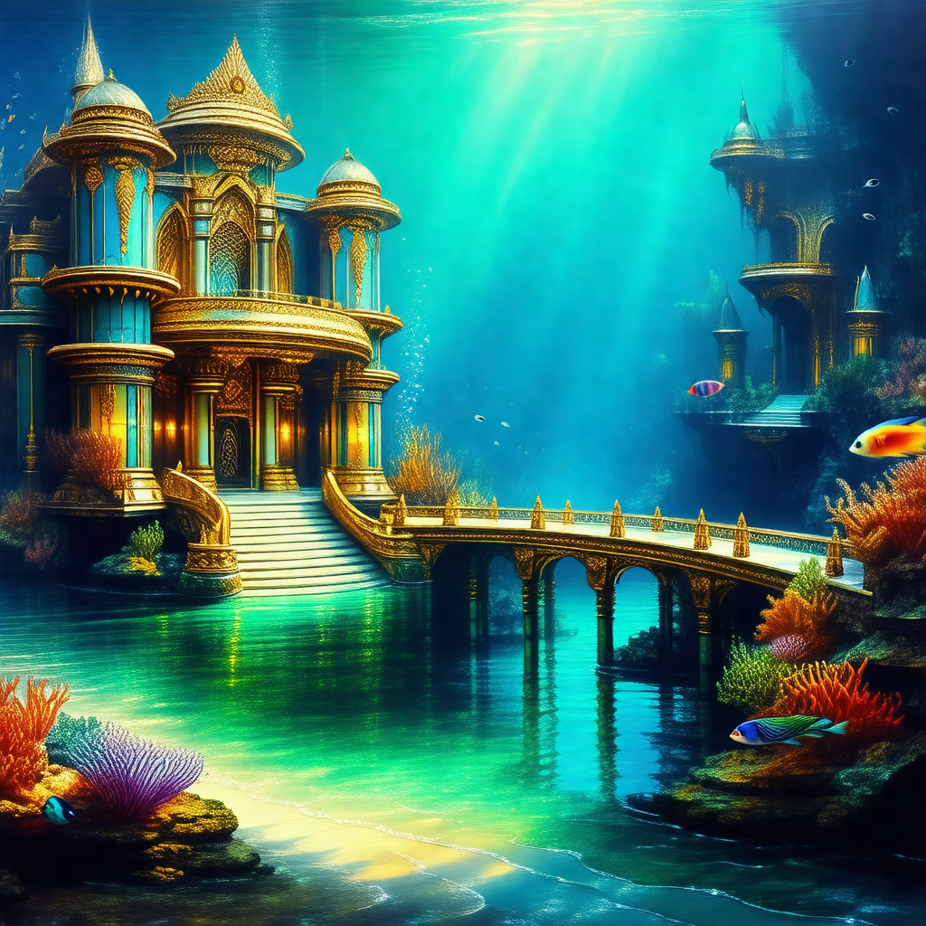 Beautifully drawn underwater scene featuring a palace-lik...