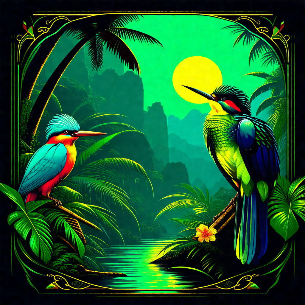 Two colorful birds perched on tree branches