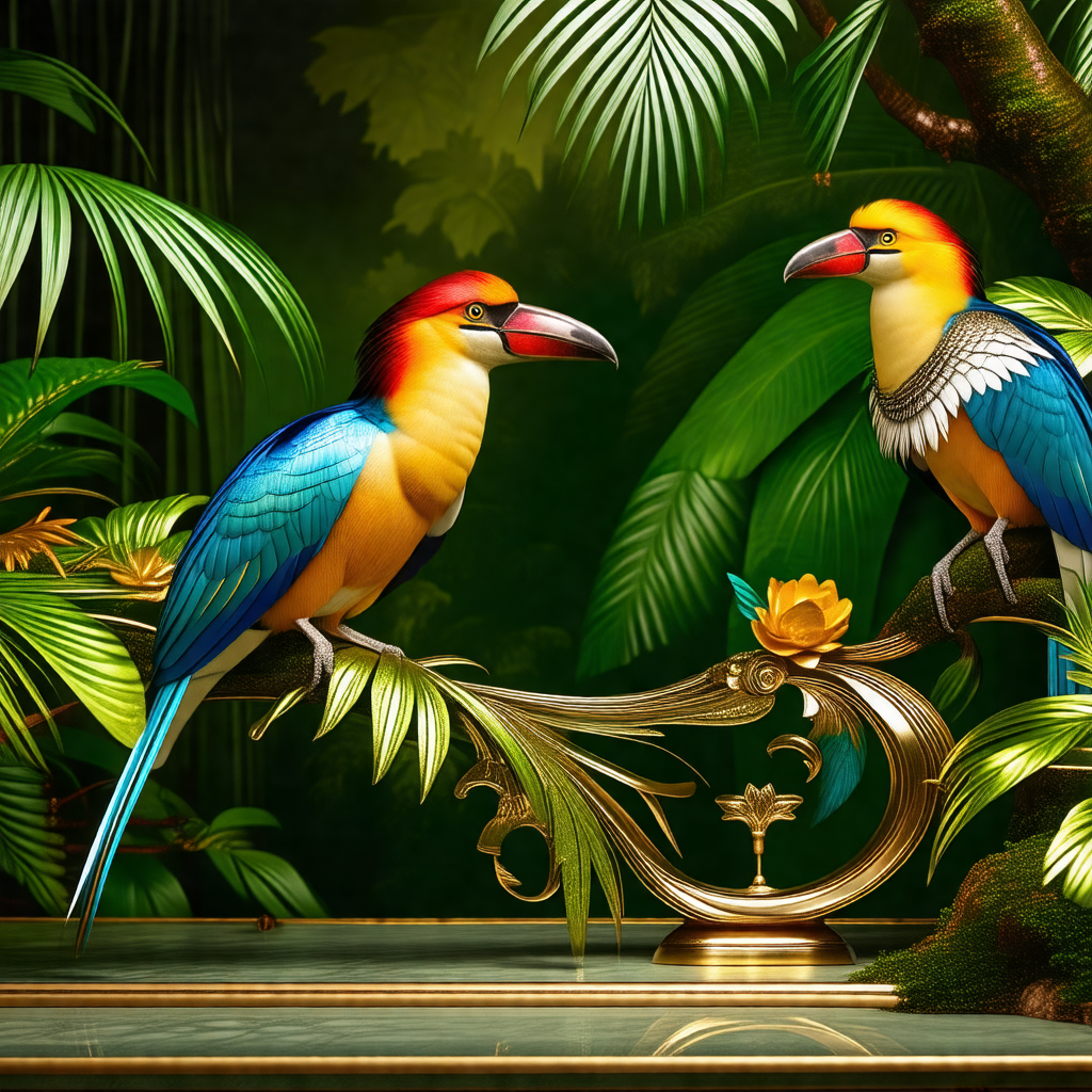 Two colorful birds perched on a branch in front of a gree...