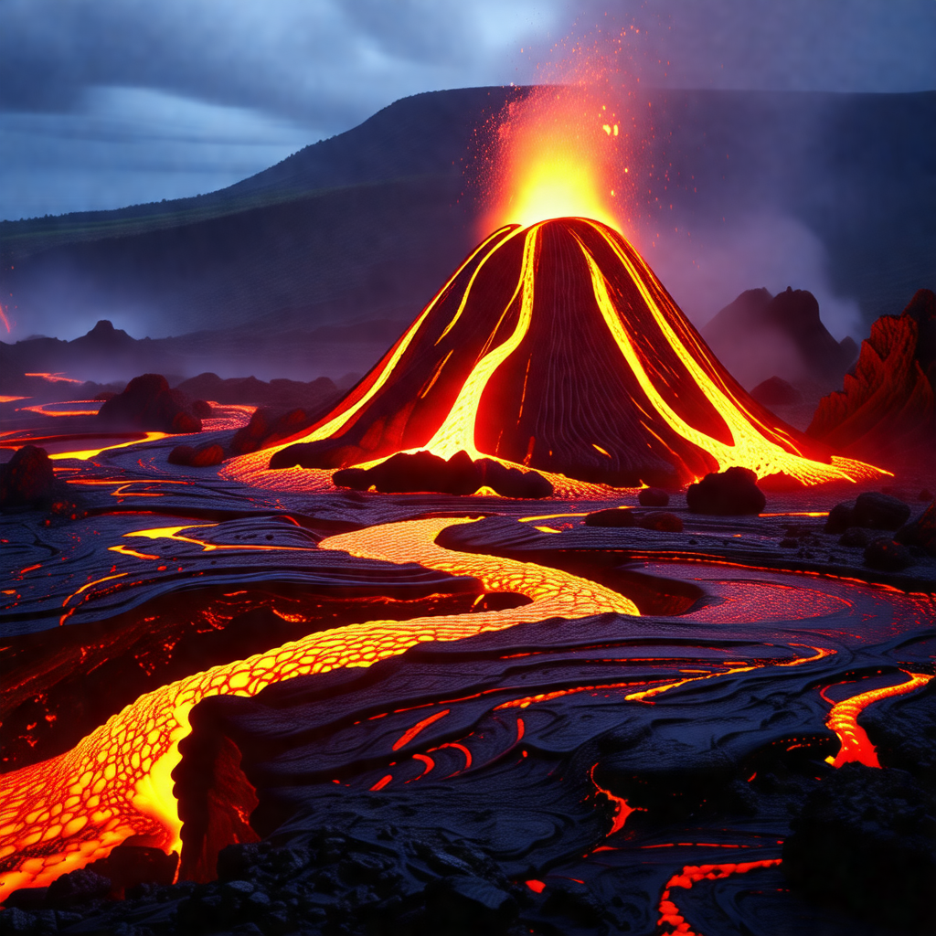 Large, glowing lava flow, likely from a volcano, with a r...
