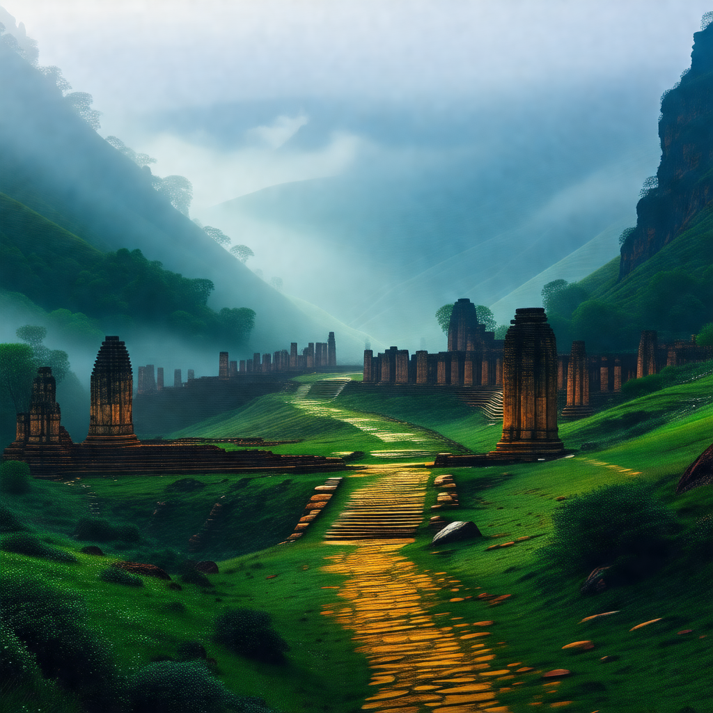 Painting of a lush green forest with a yellow pathway lea...