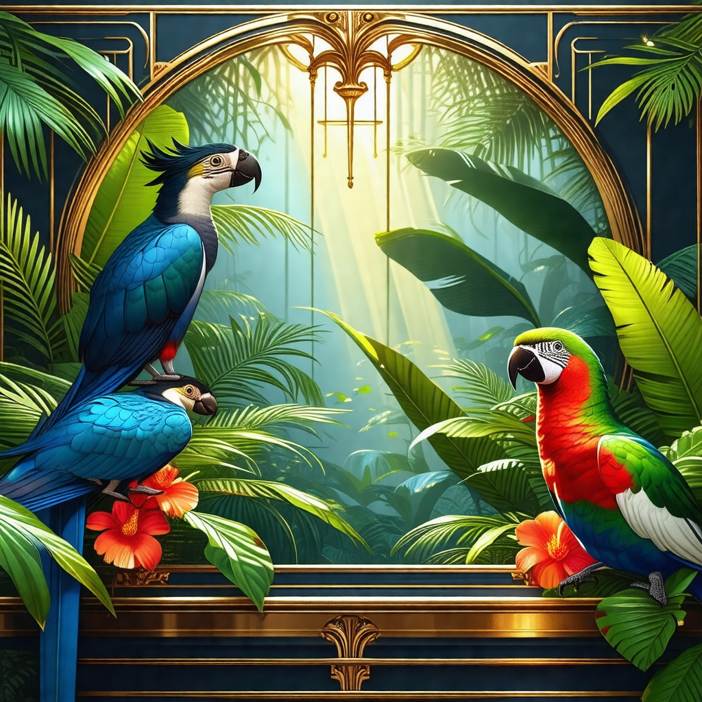 Group of three colorful parrots perched on a branch in a ...