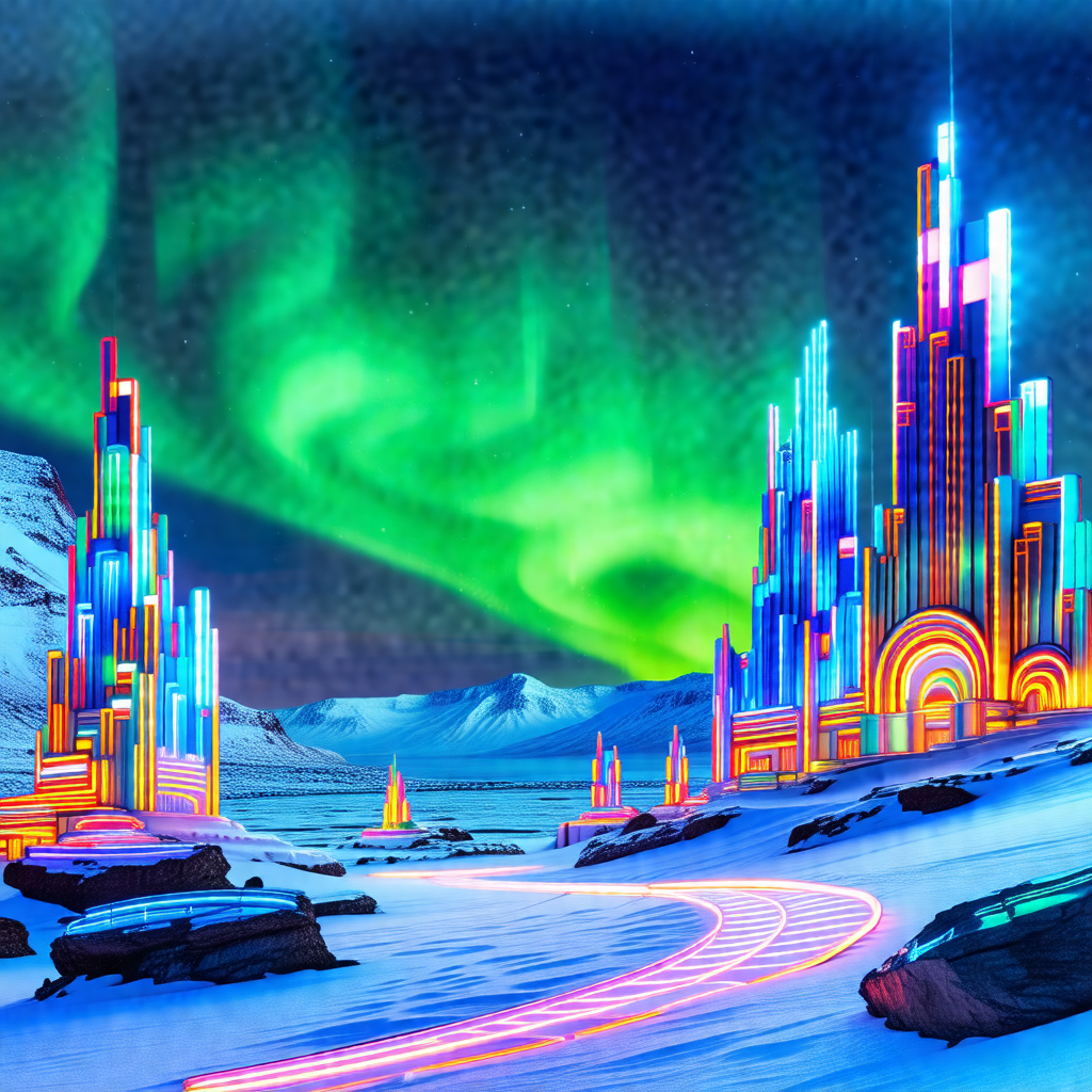 Futuristic city with a large, colorful building in the fo...