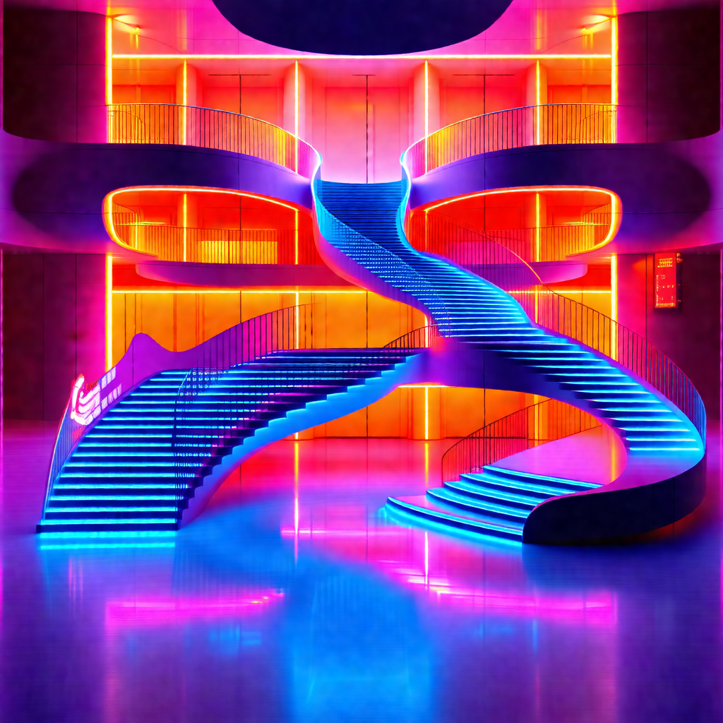 Large spiral staircase with a blue and purple lighting ef...