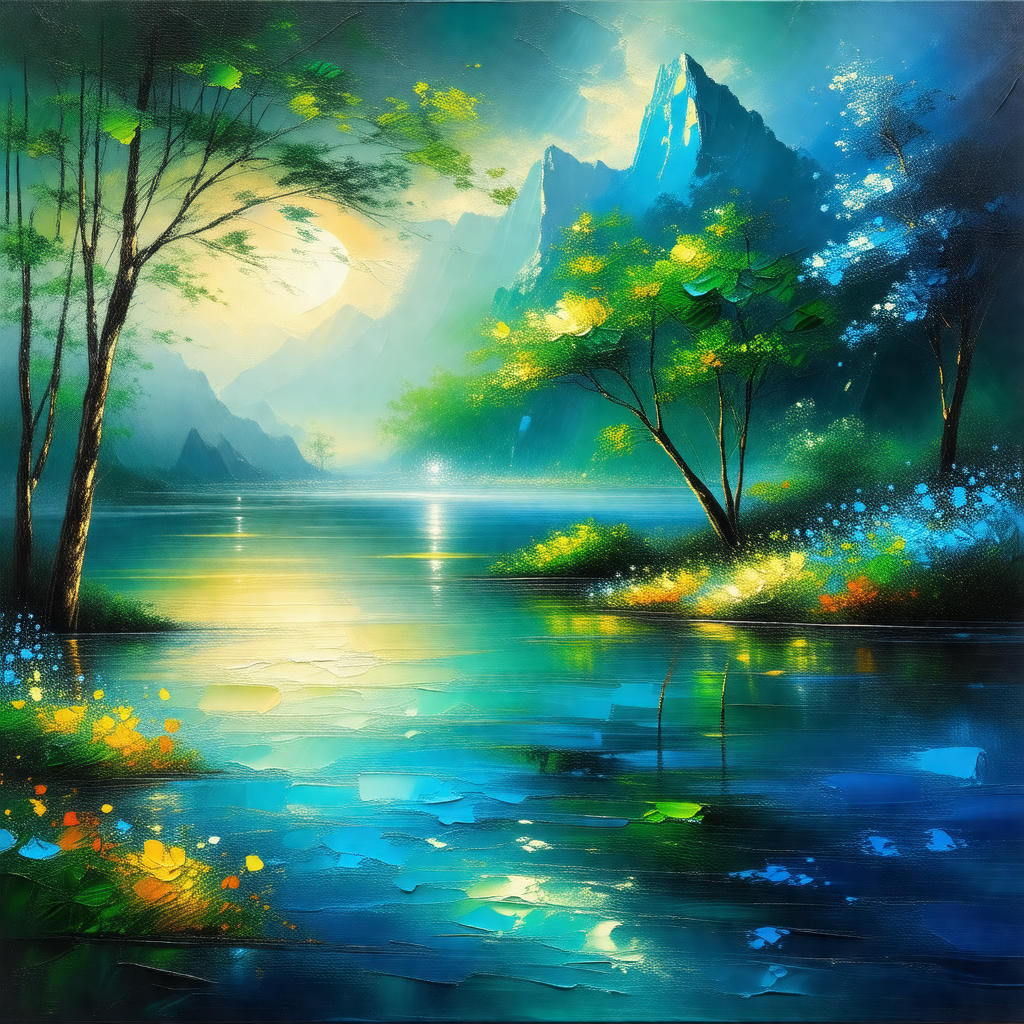 Painting of a serene scene featuring a lake with a mounta...