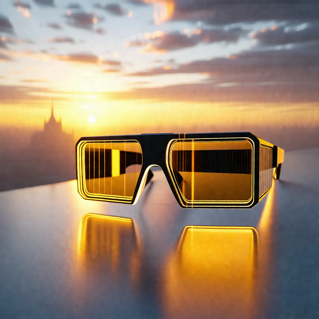 Pair of sunglasses with a yellow frame, placed on a table