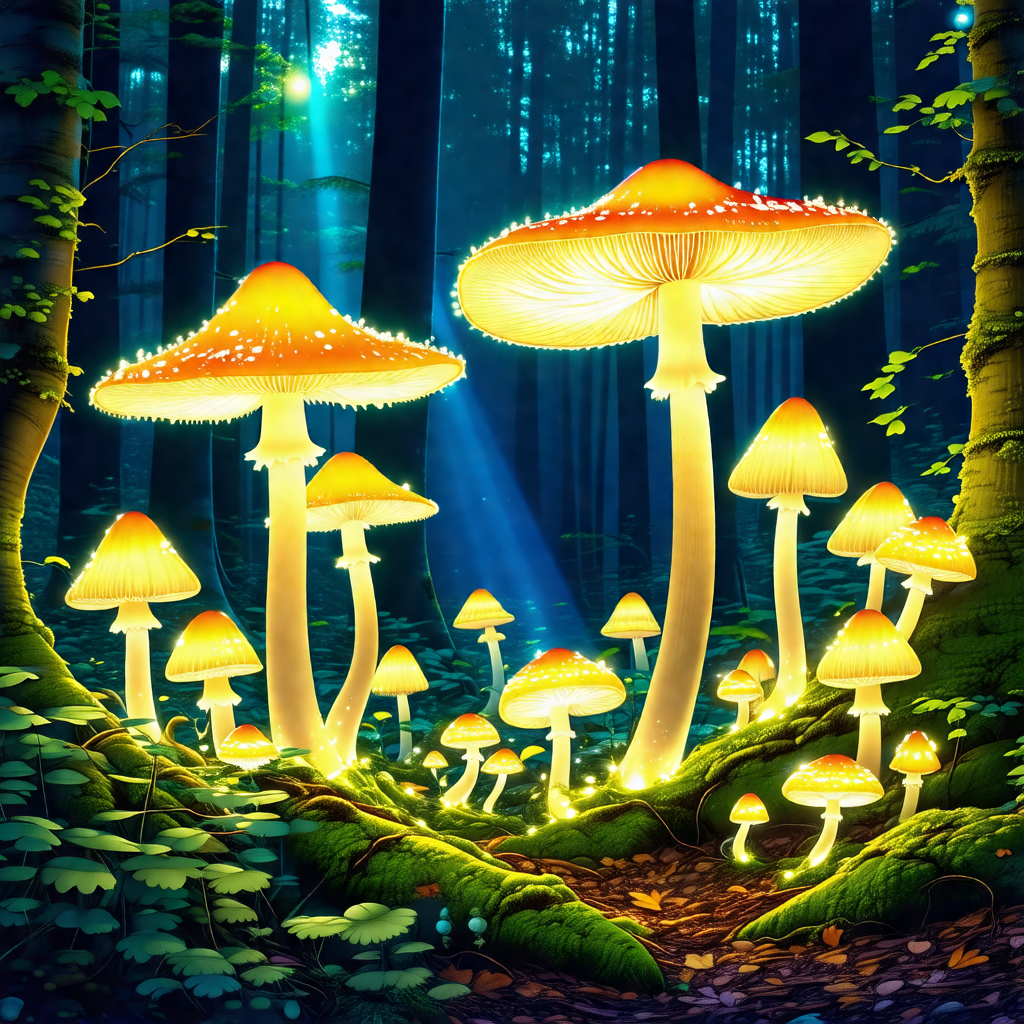 Forest with a group of mushrooms glowing in the dark