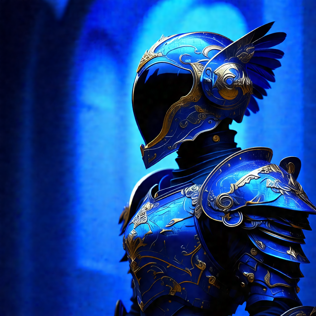 Person wearing a blue and gold armor, standing in a dark ...