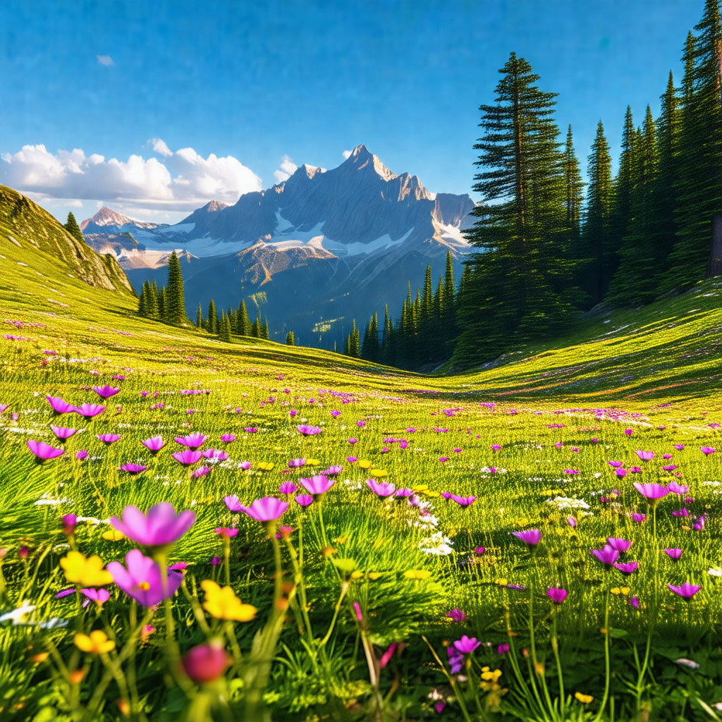 Beautiful, lush green field with a mountain range in the ...