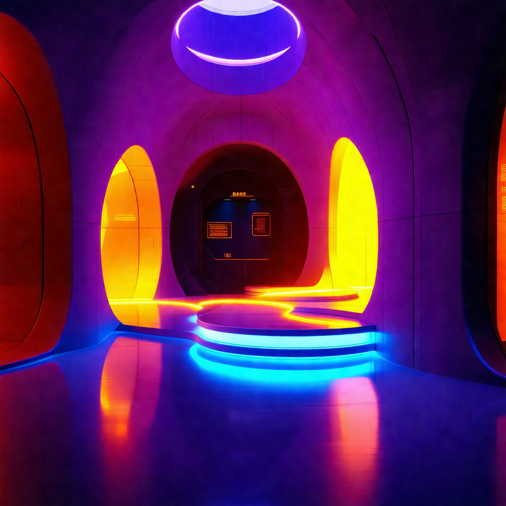 Long, narrow hallway with a blue floor and a purple ceiling