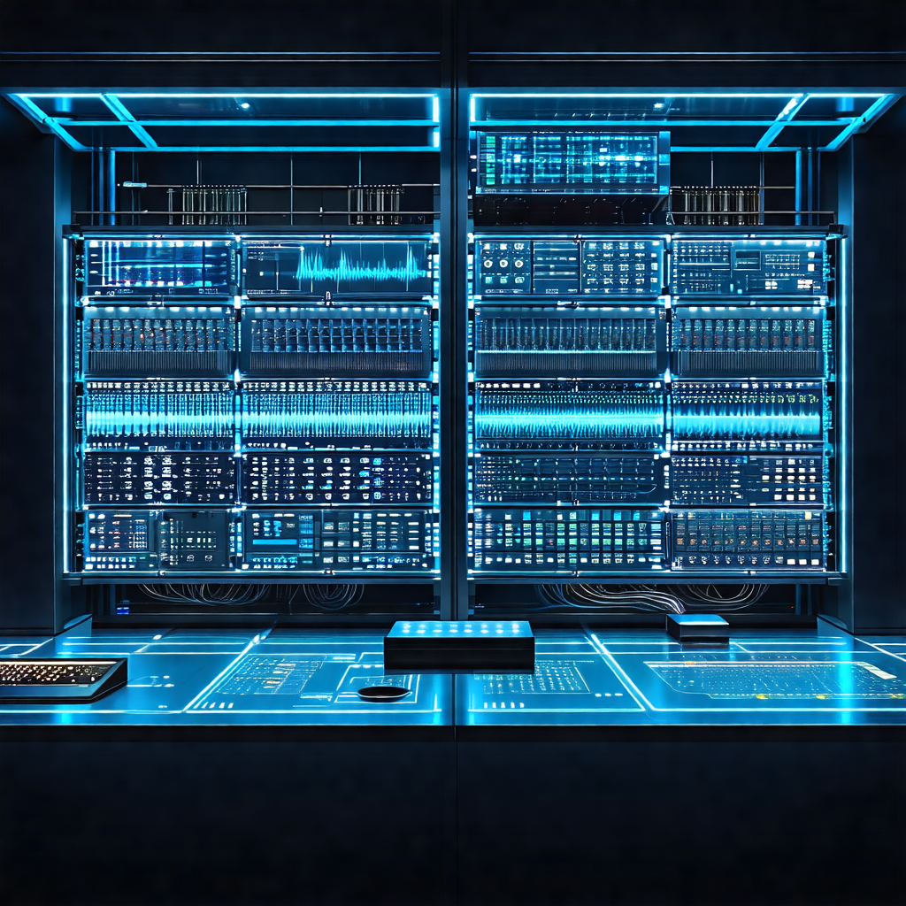 Large computer server room with a blue glow
