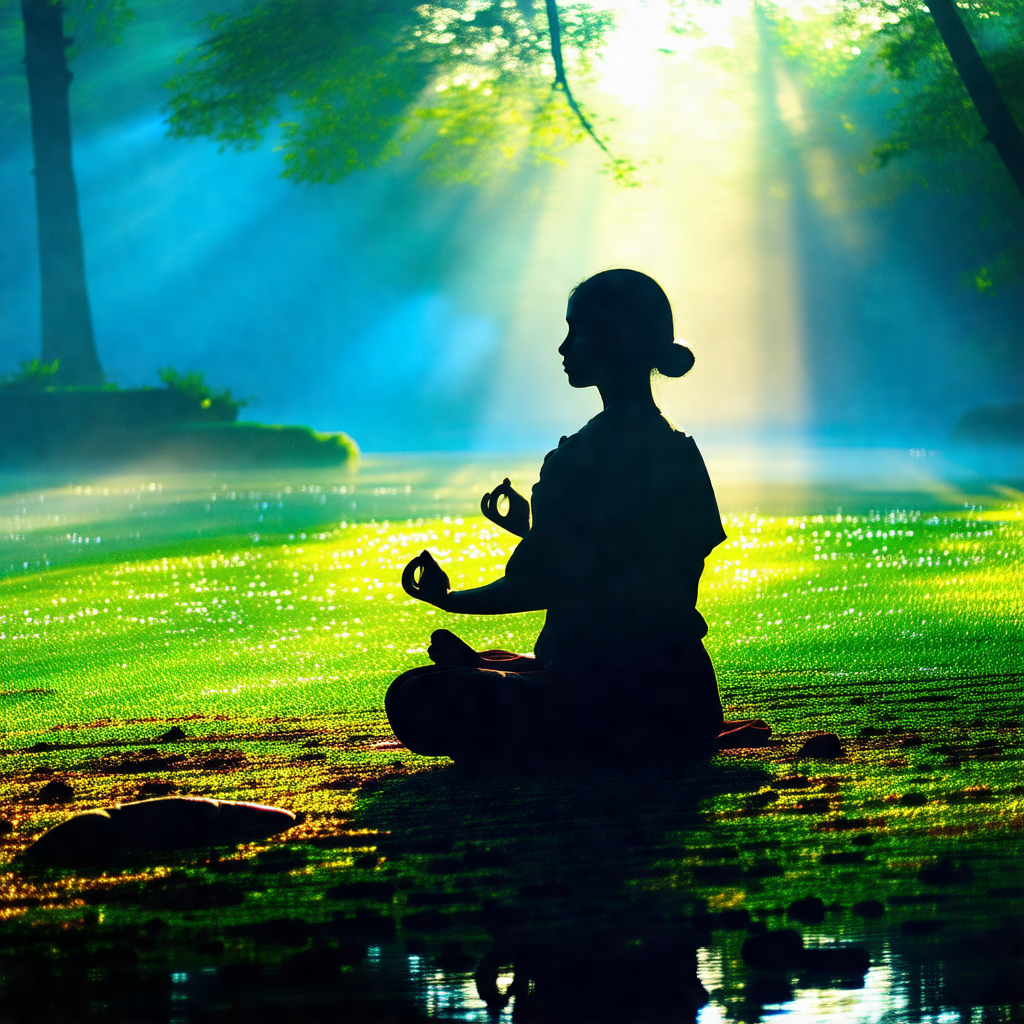 Woman sitting in a grassy area, surrounded by trees