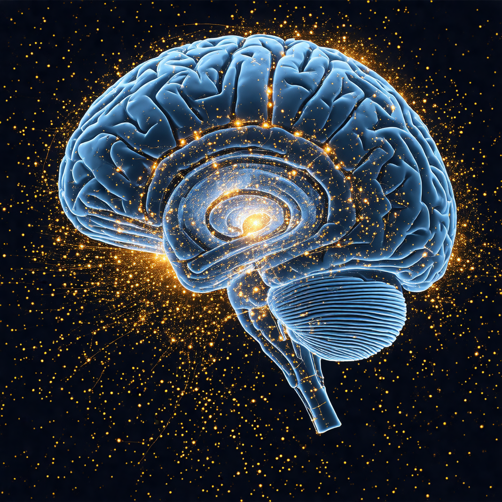 Close-up of a human brain, with a bright light illuminati...
