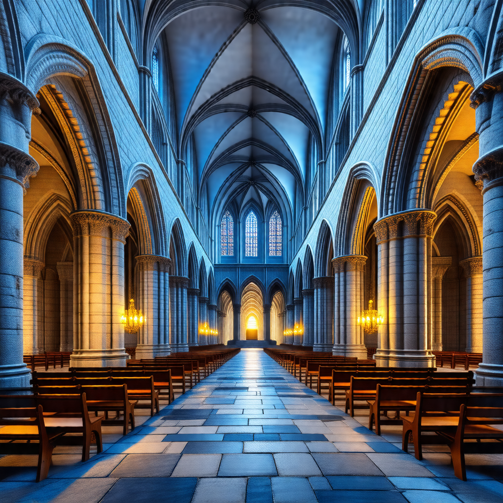 Black and white photo of a large cathedral with a long ha...