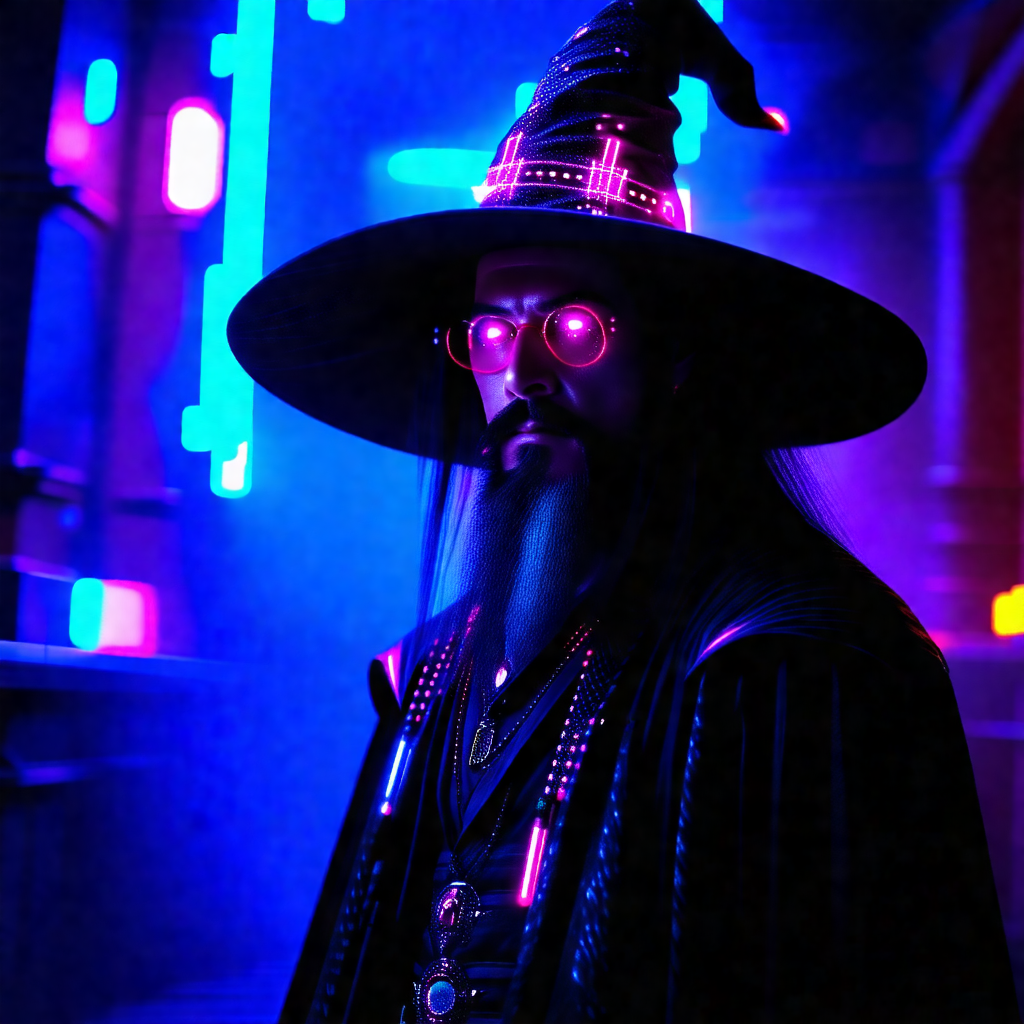 Man wearing a wizard's hat and glasses, standing in a dar...
