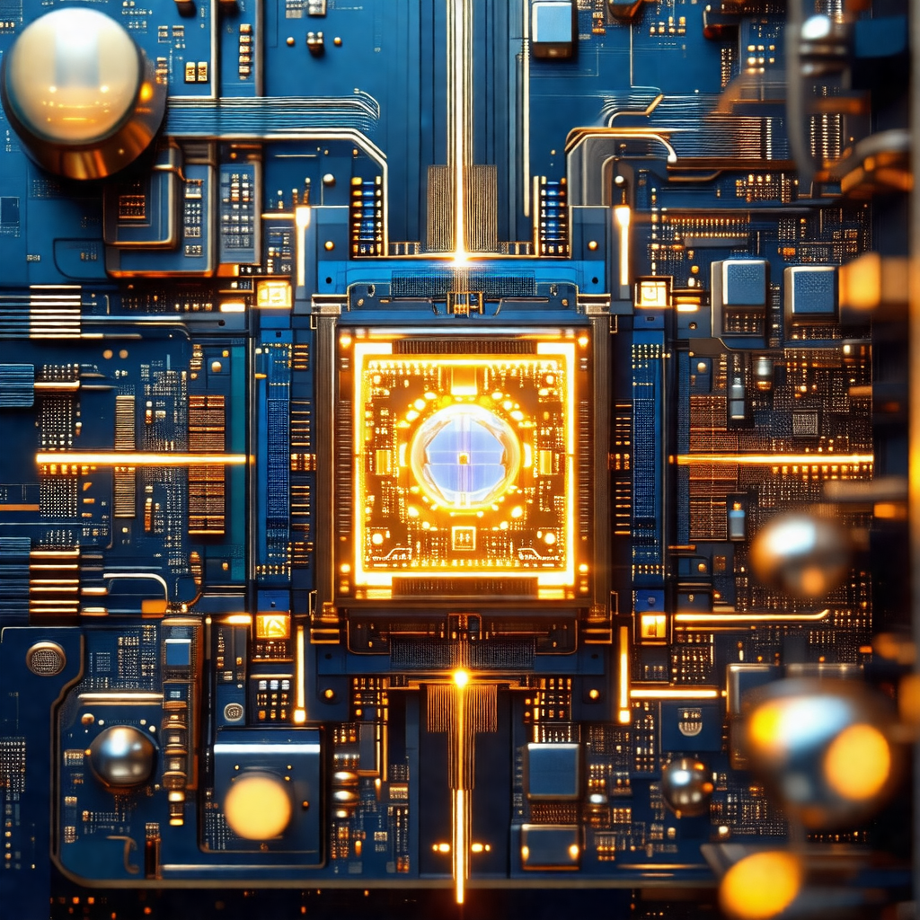 Close-up of a computer circuit board with a bright light ...