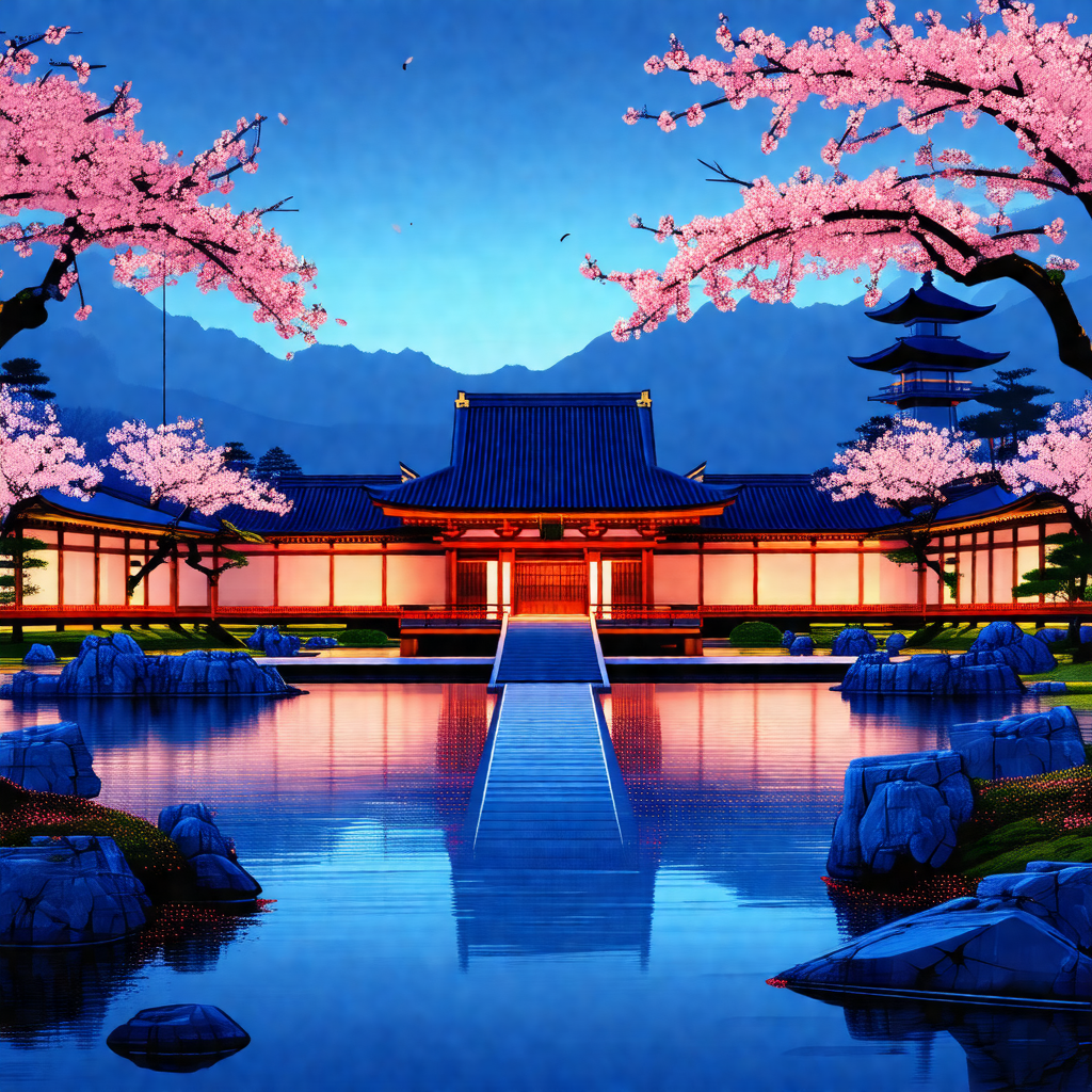 Painting of a japanese garden with a large building in th...