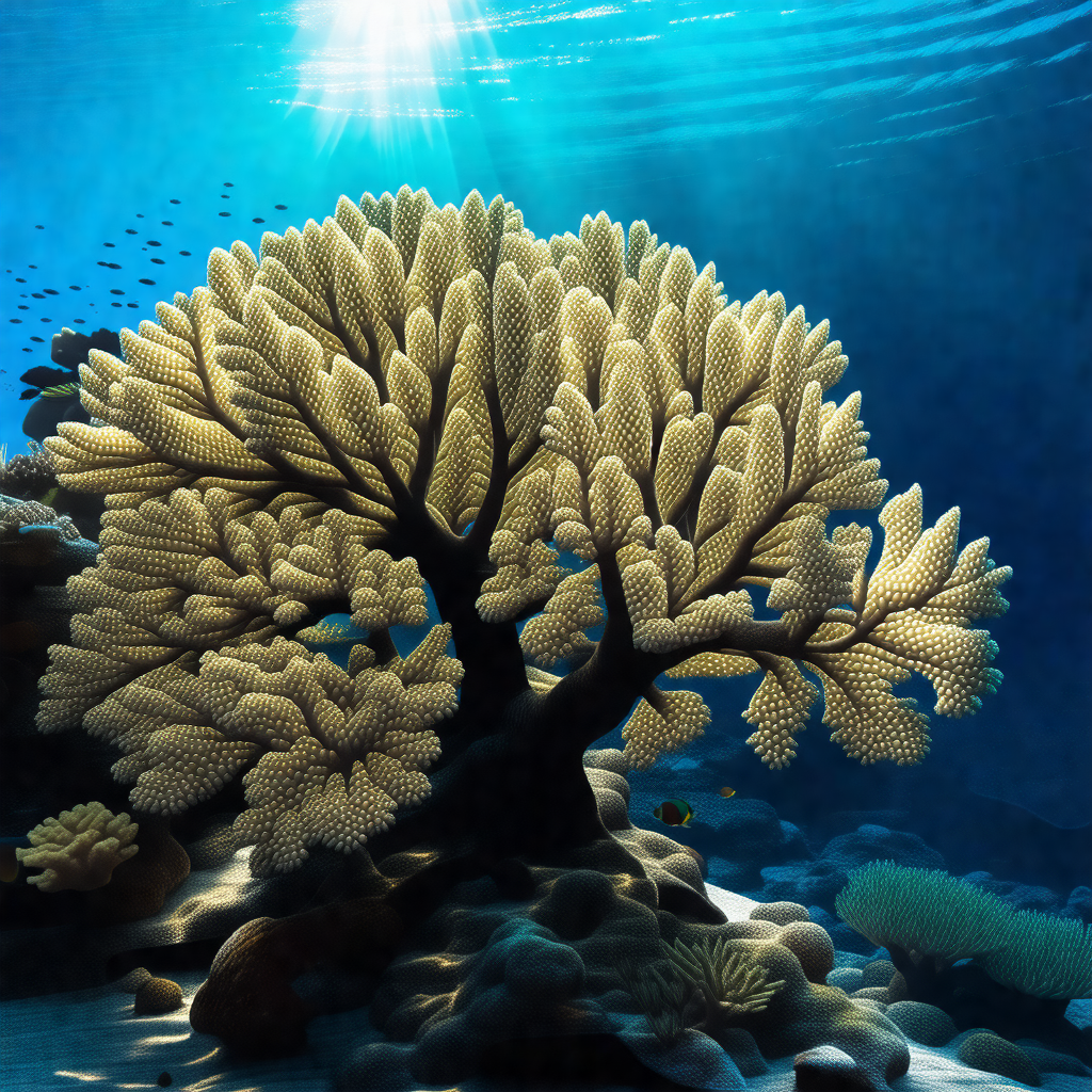 Beautiful coral reef with a large tree-like coral in the ...