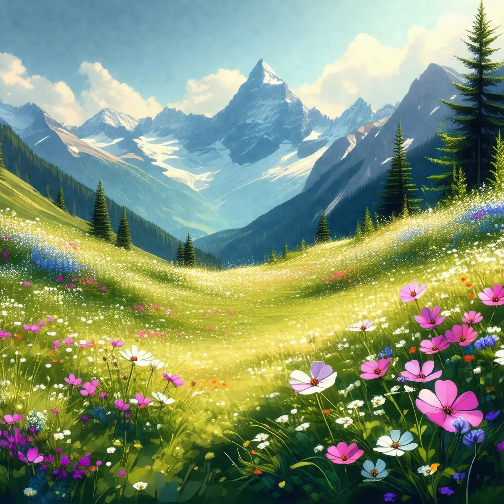 Beautiful, lush green field with a mountain range in the ...