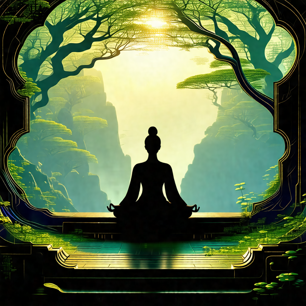 Woman sitting in a lotus position on a platform, surround...