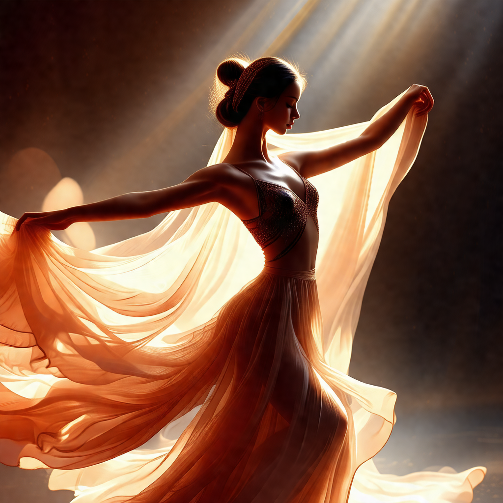 Woman in a flowing dress, dancing in a room with a bright...
