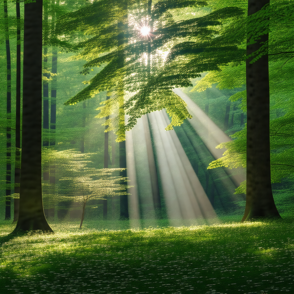 Serene forest scene with a sunbeam shining through the trees