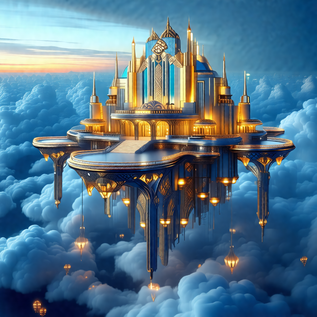 Large, ornate castle floating high in the sky