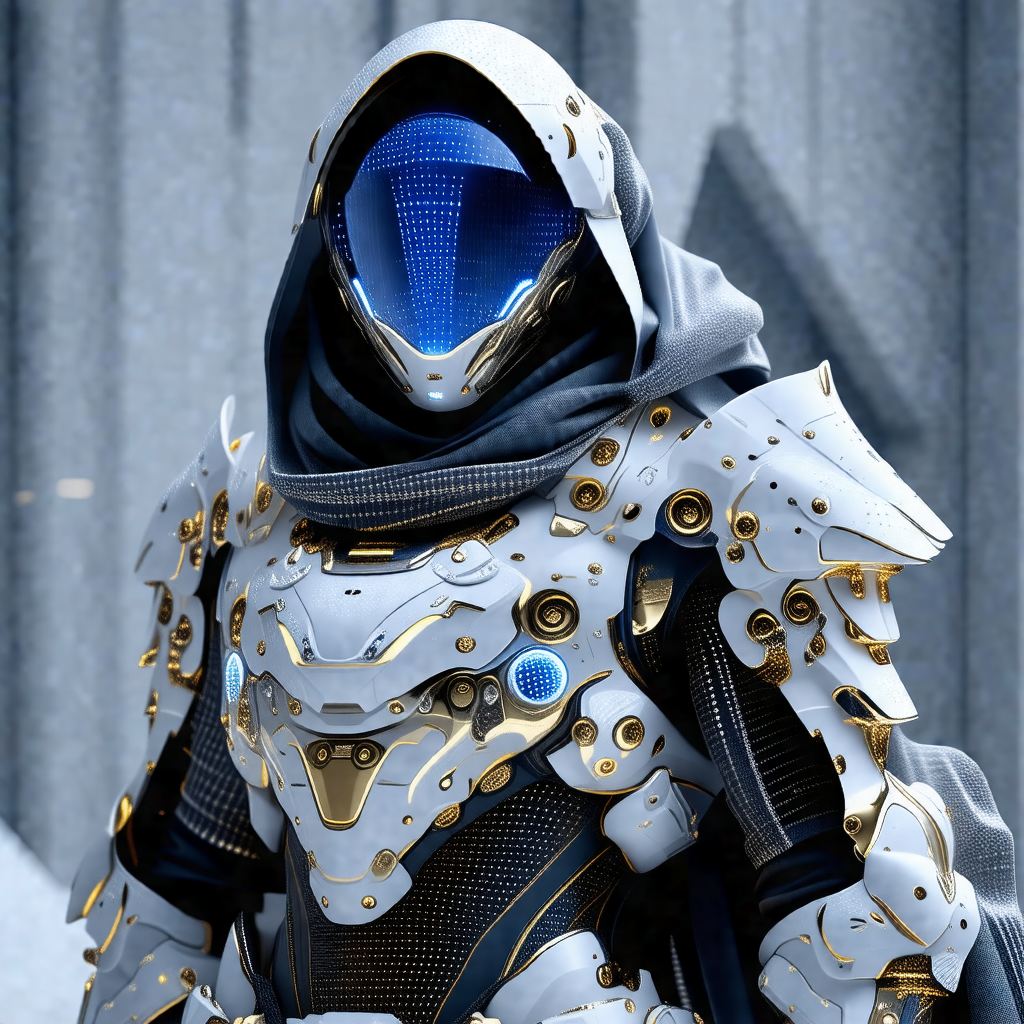 Man dressed in a futuristic, white and gold costume
