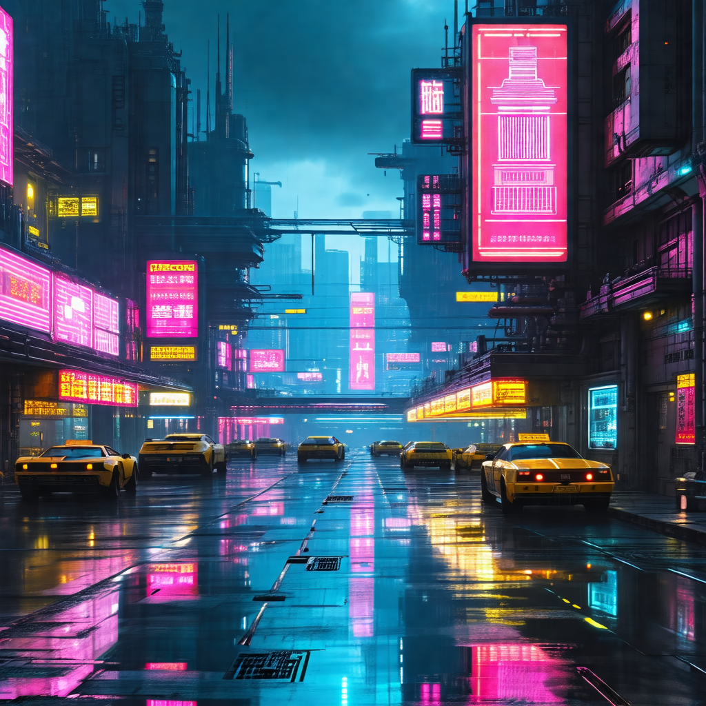 Busy city street at night, filled with traffic and neon l...