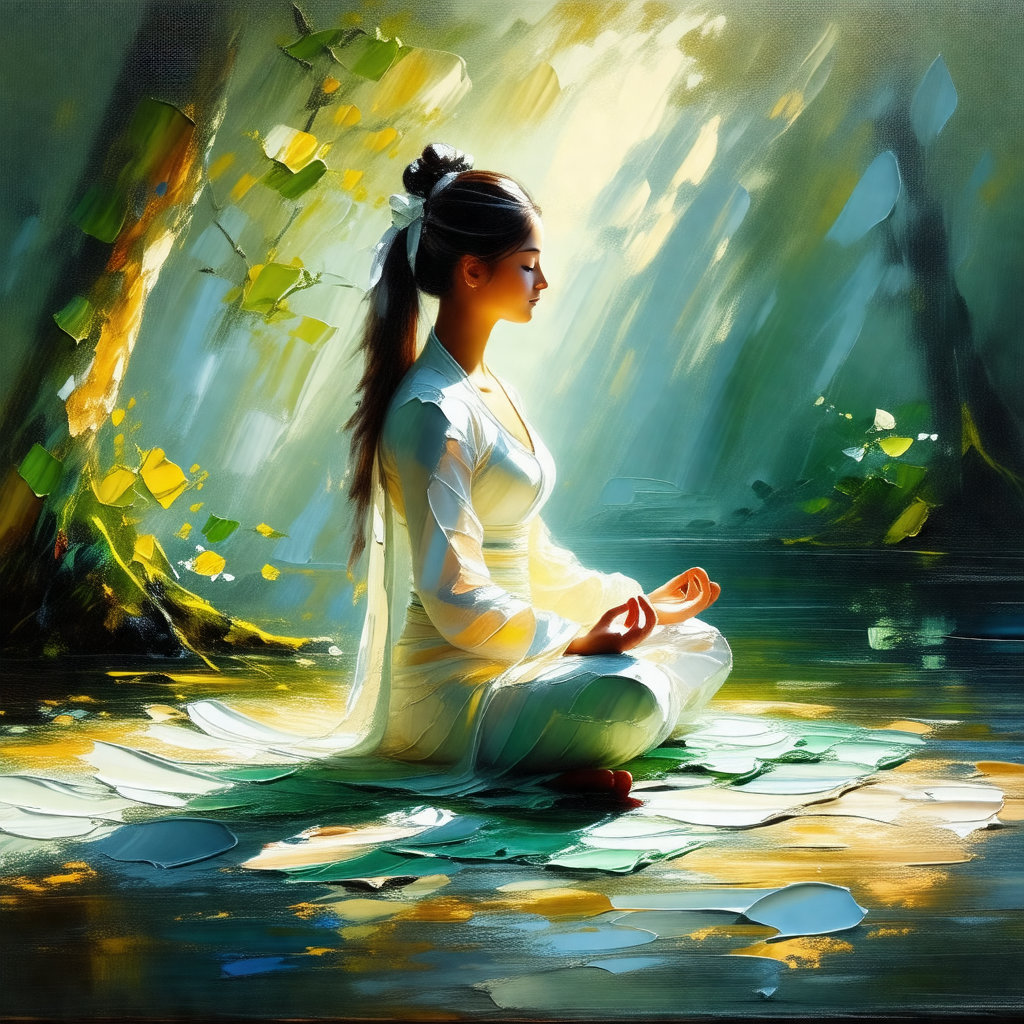 Woman sitting on a mat in a serene environment
