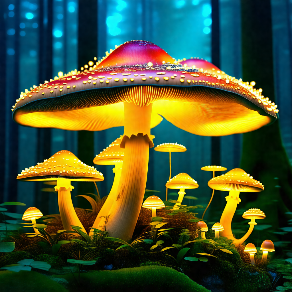 Brightly lit mushroom with a glowing cap, sitting in a fo...